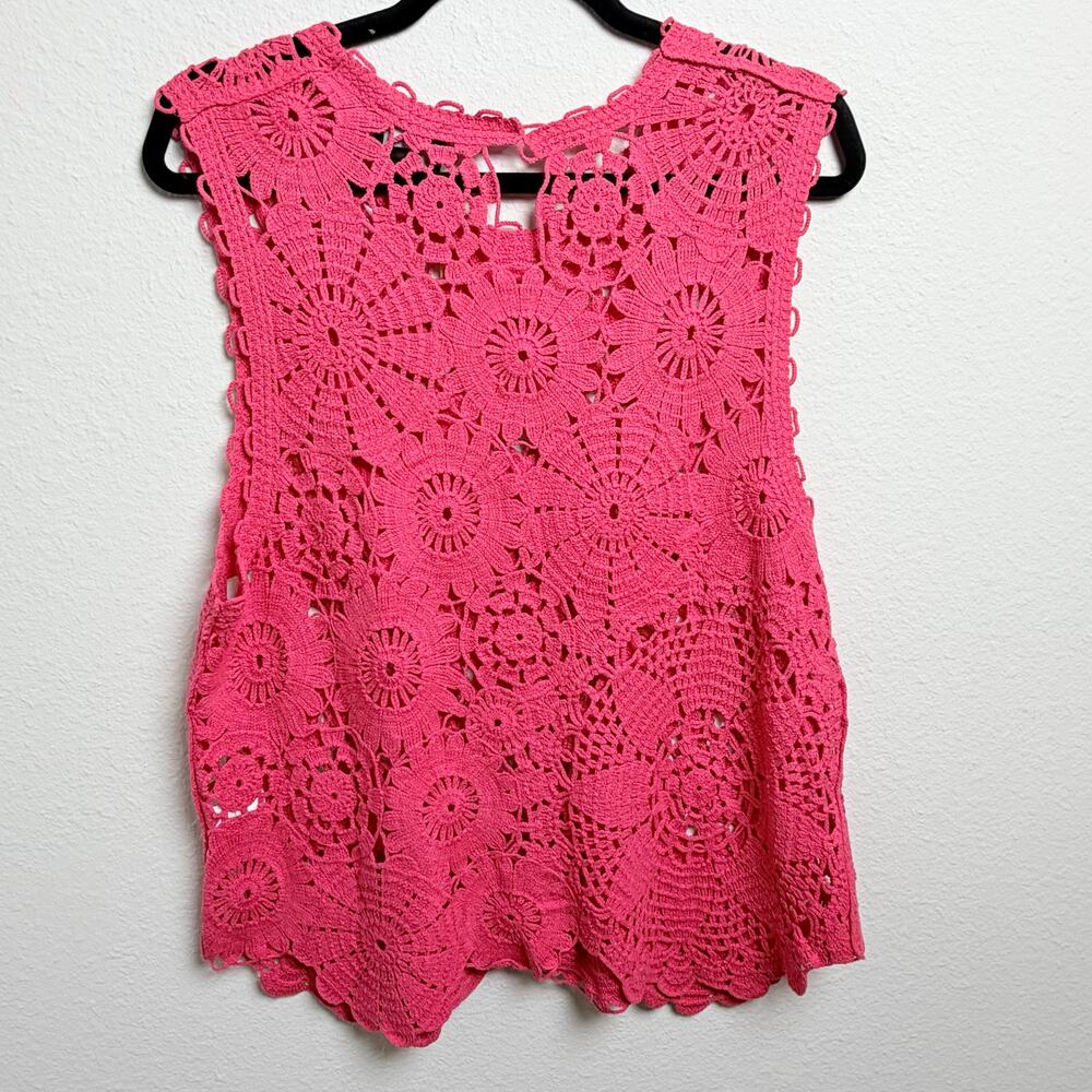 Lumiere Pink Crochet Tank Top Scalloped Open Knit Boho Large NWT - Picture 2 of 12